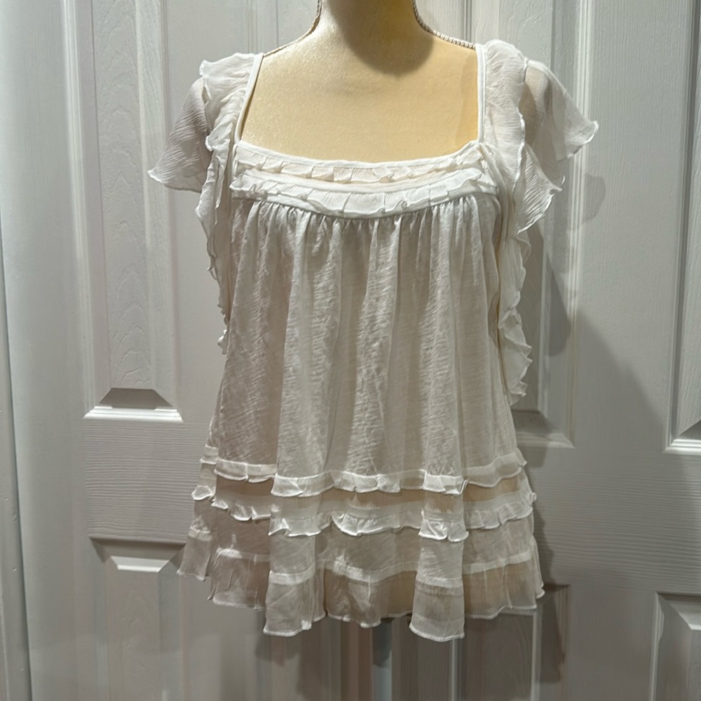 Final Sale 👀 No More Low Offers By Anthropologie Ruffled Flutter-Sleeve Top Size - Picture 6 of 15